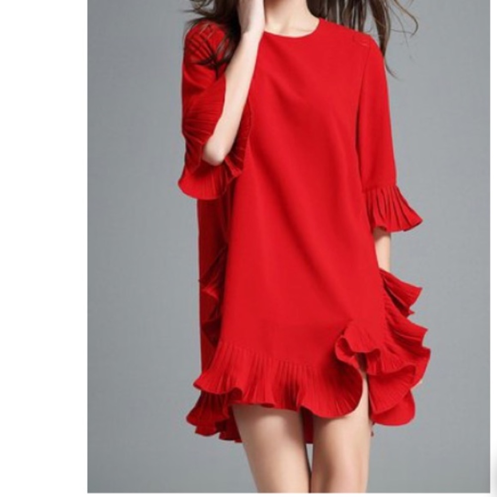 Red Mini Dress Flounce Frill Sleeve